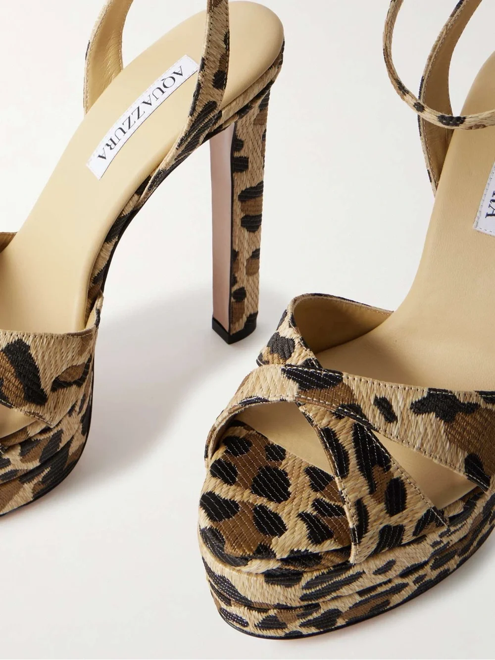 Aquazzura Divine Plateau 130 leopard-print raffia platform sandals 37.5 $1,250